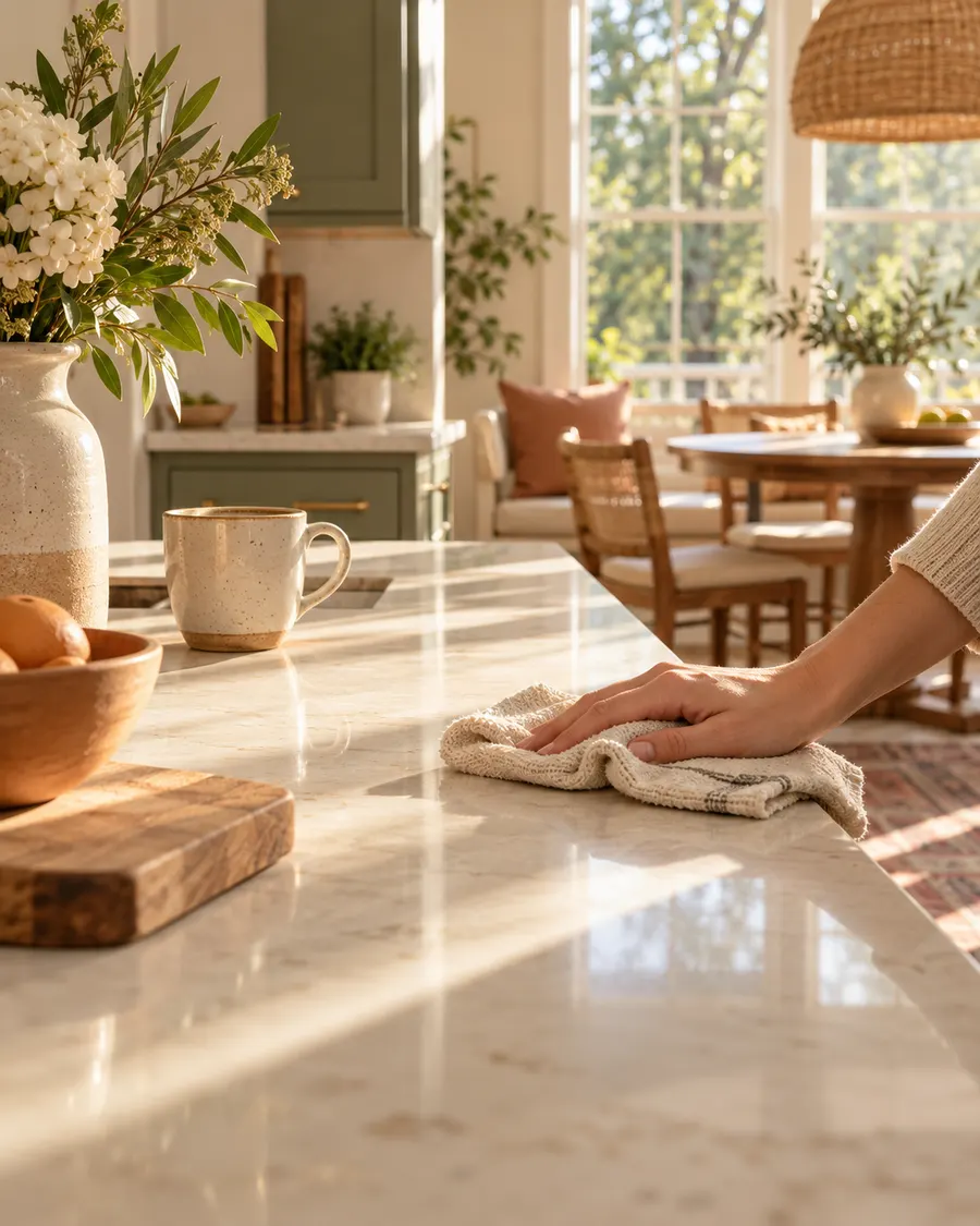 A hand carefully wiping a sunlit kitchen countertop