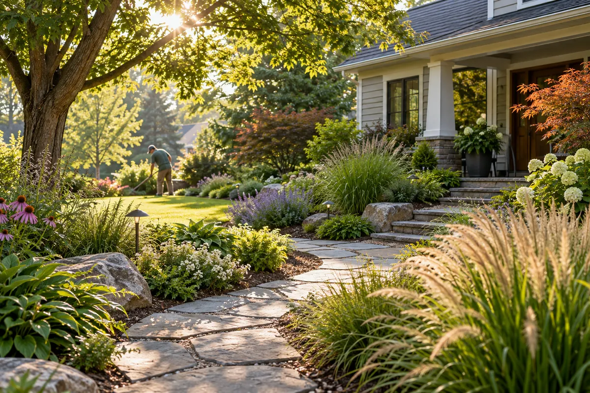 Landscaped garden and stone path at a home